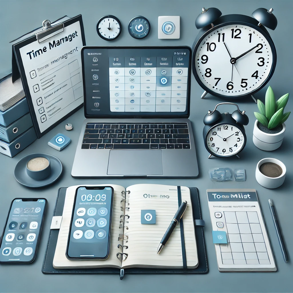 DALL·E 2024-11-22 23.12.28 – A visually engaging image of a desk setup for time management, featuring a laptop with a project management app open, a notebook with a to-do list, a